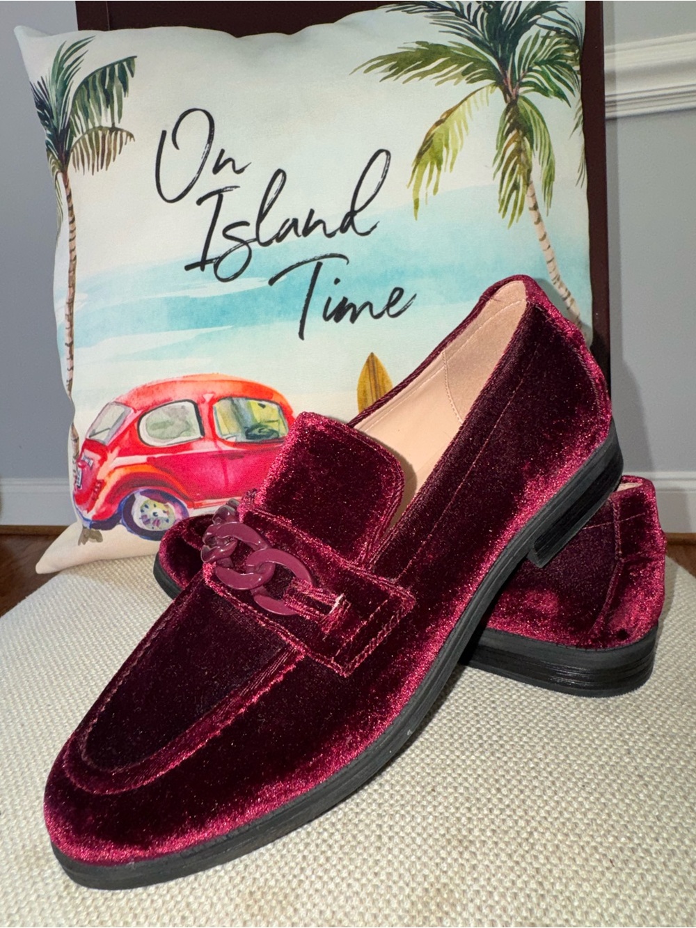 Cole Haan Women'S Cordovan Velvet Stassi Chain Loafers - Bordeaux Size 9